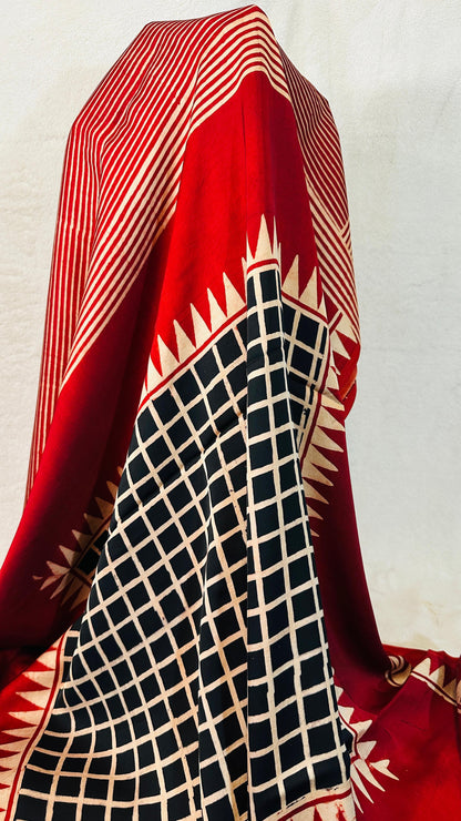Red Stripe Ajrakh natural dye Hand block print pure Modal silk saree