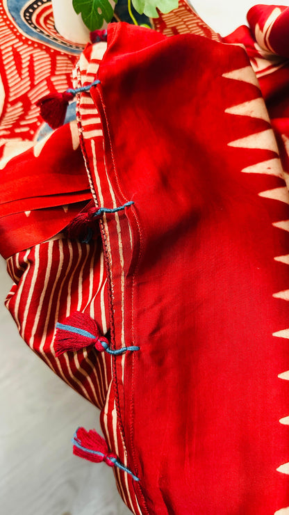 Red Stripe Ajrakh natural dye Hand block print pure Modal silk saree