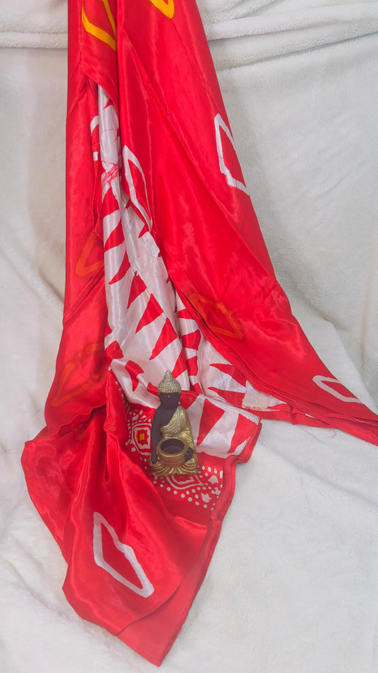 Red*White  Ajrakh Chemical dye Hand block print pure Modal silk saree