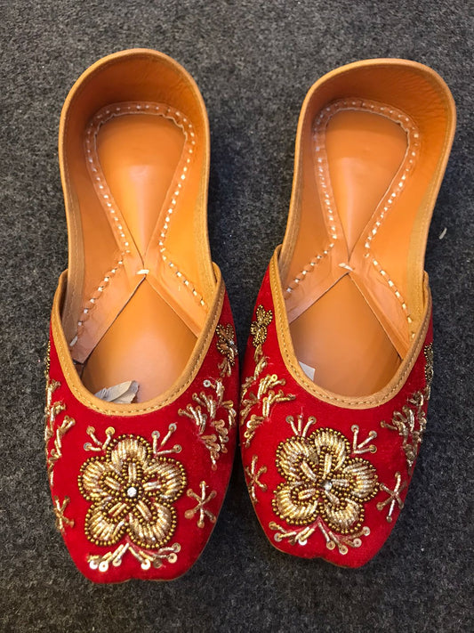 Red velvet Premium designer pure leather Jutti with double cushion and highlighted with all handwork