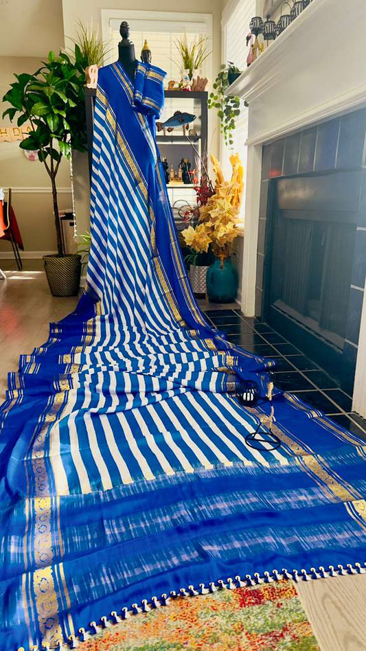 Royal Blue Strap Style with Medium Sapphire Blue Pallu Pure Mysore Silk Handloom Saree