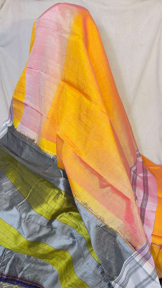 Rust Orange with baby pink short colour effect pure SICO Ilkal Handloom Saree