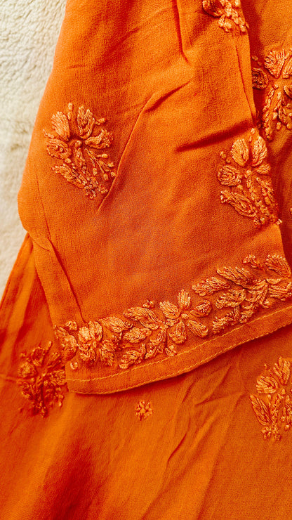 Rust orange tone on tone Viscose Chikankari Kurti  with 3D Chikankari
