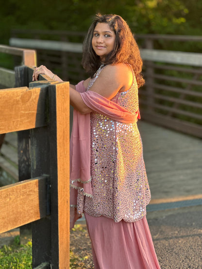Salmon pink  designer Sharara set highlighted with real mirror, pearl handwork
