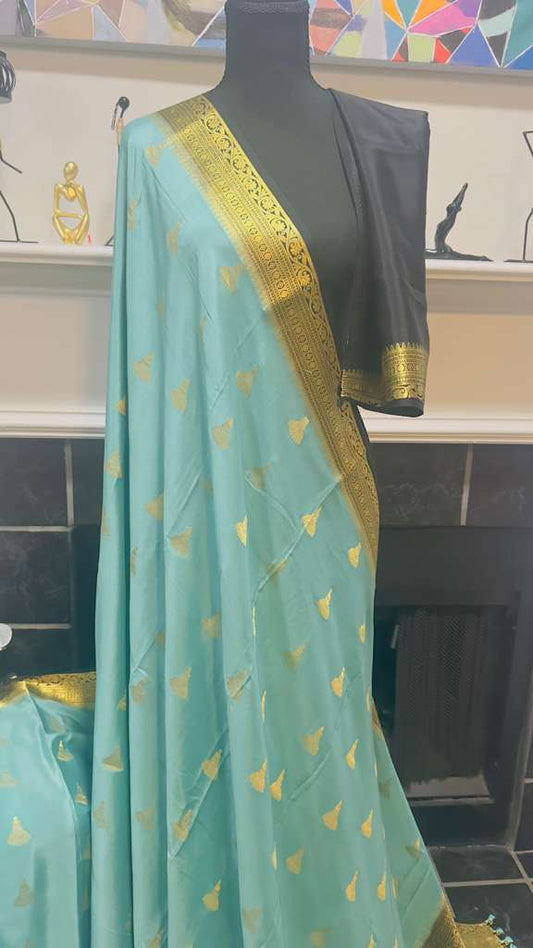 Sea green pure Mysore silk saree with Zumka Design Handloom Saree