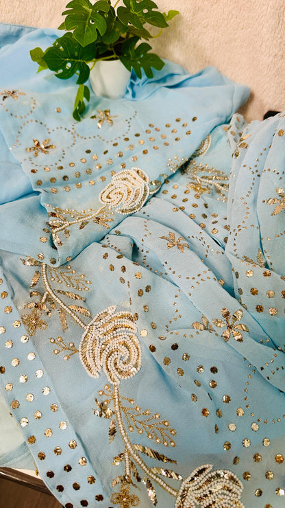 Sky blue Pure Georgette Chikankari saree with pearl & Pitta kamdani mukaish handwork