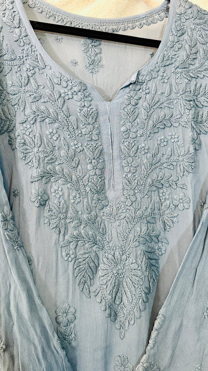 Steal Grey tone on tone Viscose Chikankari Kurti  with 3D Chikankari