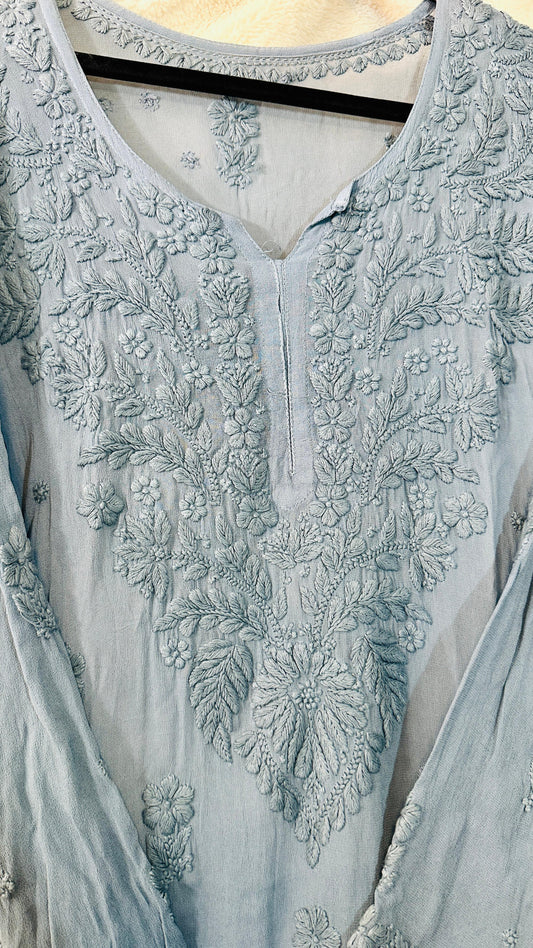 Steal Grey tone on tone Viscose Chikankari Kurti  with 3D Chikankari
