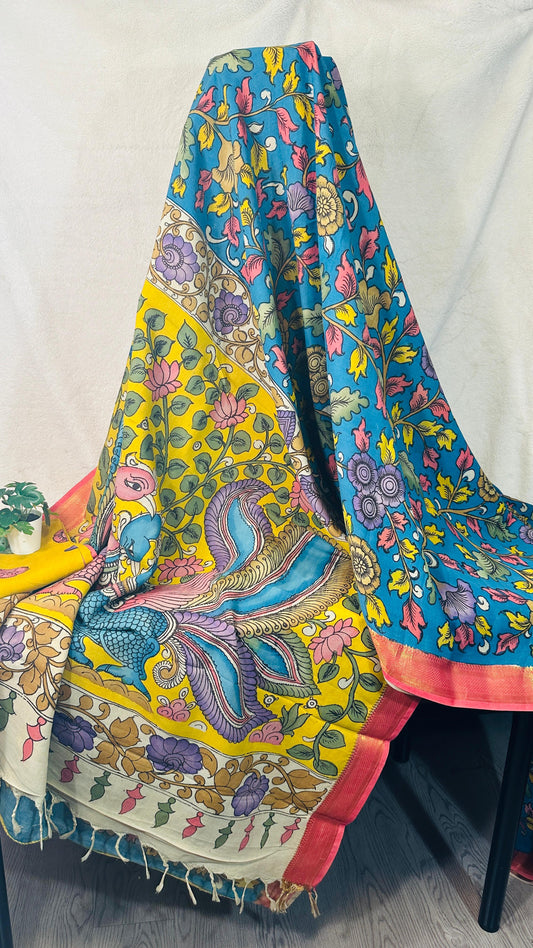 Teal Blue pure Bangalore silk hand drawn- hand painted Pen Kalamkari Saree