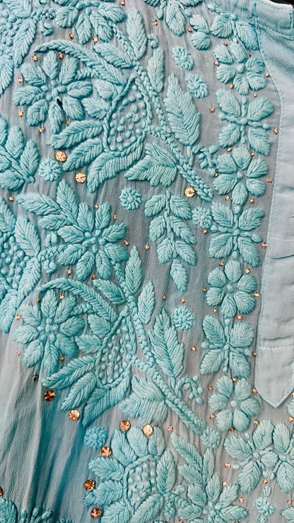 Teal blue Ombré Crape Silk Chikankari Kurti  with 3D Chikankari & Mukaish hand work