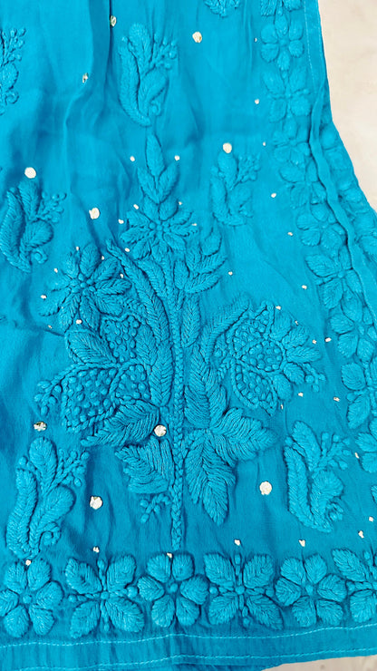 Teal blue Ombré Crape Silk Chikankari Kurti  with 3D Chikankari & Mukaish hand work