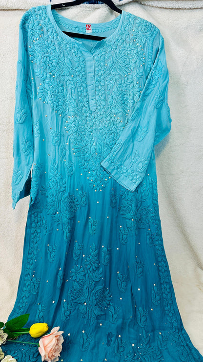 Teal blue Ombré Crape Silk Chikankari Kurti  with 3D Chikankari & Mukaish hand work