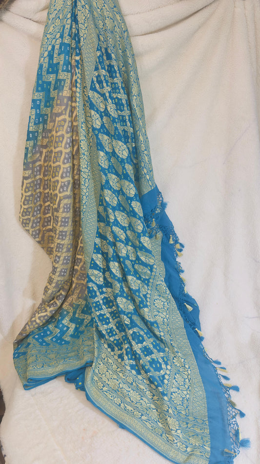 Turquoise-Grey Pure Khaddi Georgette hand rai Bandhani Banarasi saree with tested Gold zari weaving