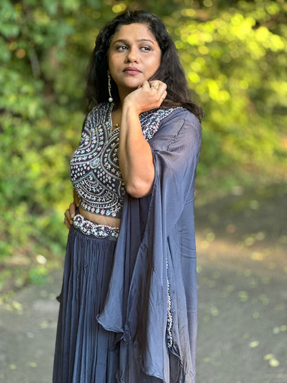 Grey Chinon Indowestern lehenga with handwork blouse  & detachable jacket