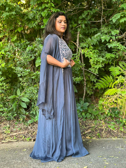 Grey Chinon Indowestern lehenga with handwork blouse  & detachable jacket