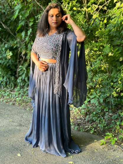 Grey Chinon Indowestern lehenga with handwork blouse  & detachable jacket