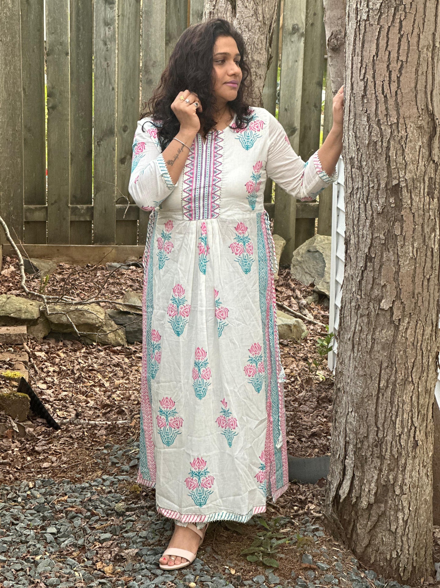 White Cord set highlighted with blue thread work