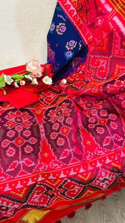 Royal Blue pure Mulberry silk semi double Patan Patola Handloom Saree