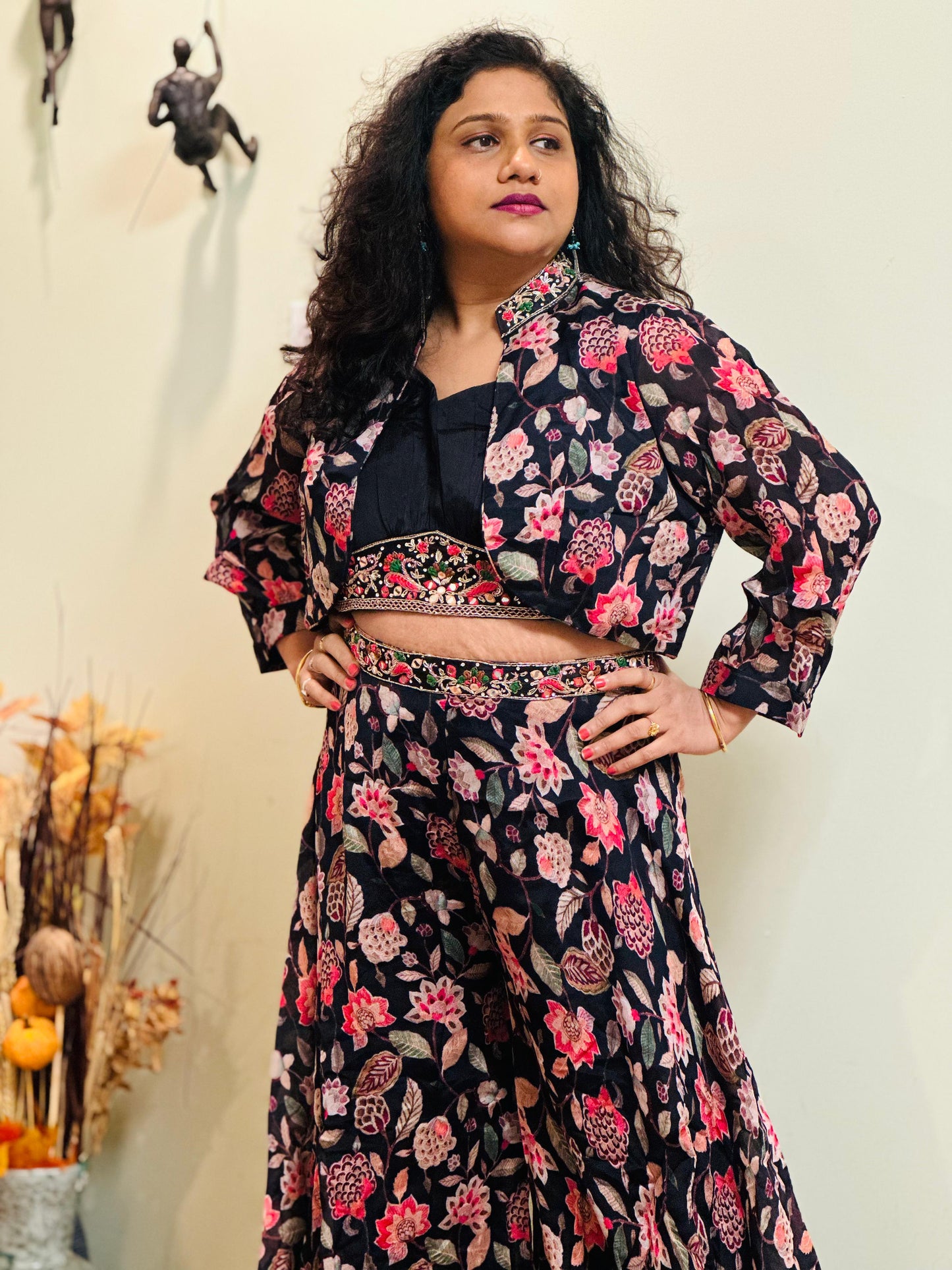 Black digital print pure CHINON silk Indowestern palazzo set highlighted with pearl, Cutdana & sequins handwork