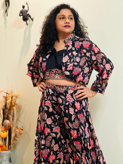 Black digital print pure CHINON silk Indowestern palazzo set highlighted with pearl, Cutdana & sequins handwork