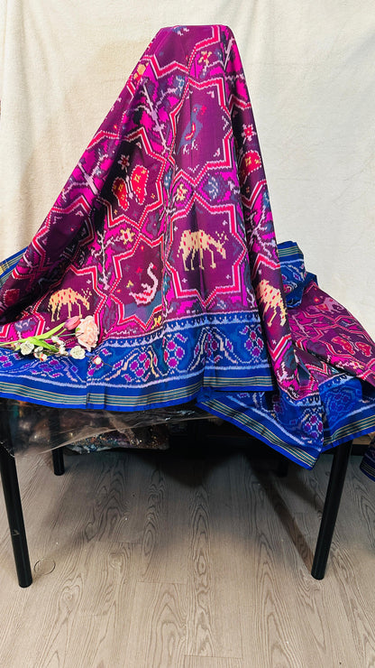 Wine pure Mulberry silk semi double Patan Patola Handloom Saree