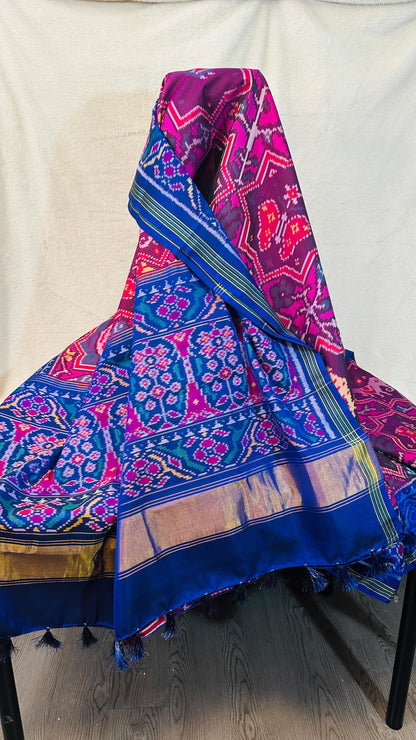 Wine pure Mulberry silk semi double Patan Patola Handloom Saree