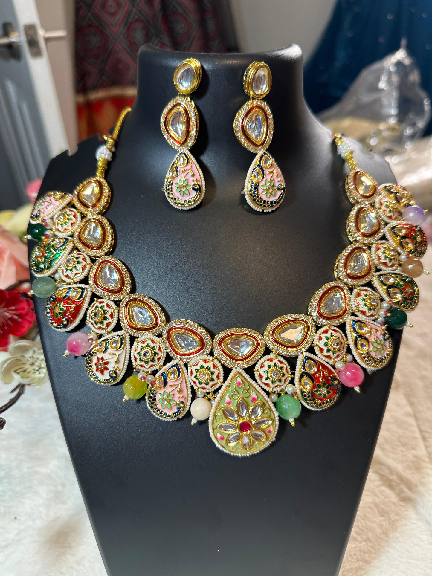 Kundan Meenakari statement necklace set highlighted with Moisonite & semiprecious multicolour beads paired with earrings