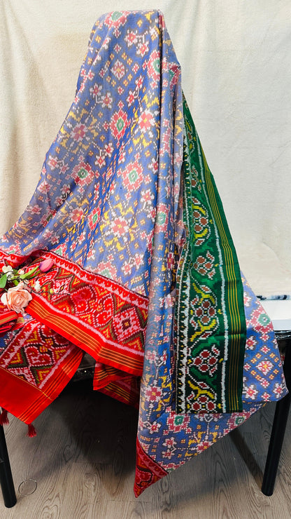Powder Blue pure Mulberry silk semi double Patan Patola Handloom Saree