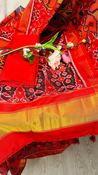 Red with Rangkat pure silk semi double Patan Patola Handloom Saree