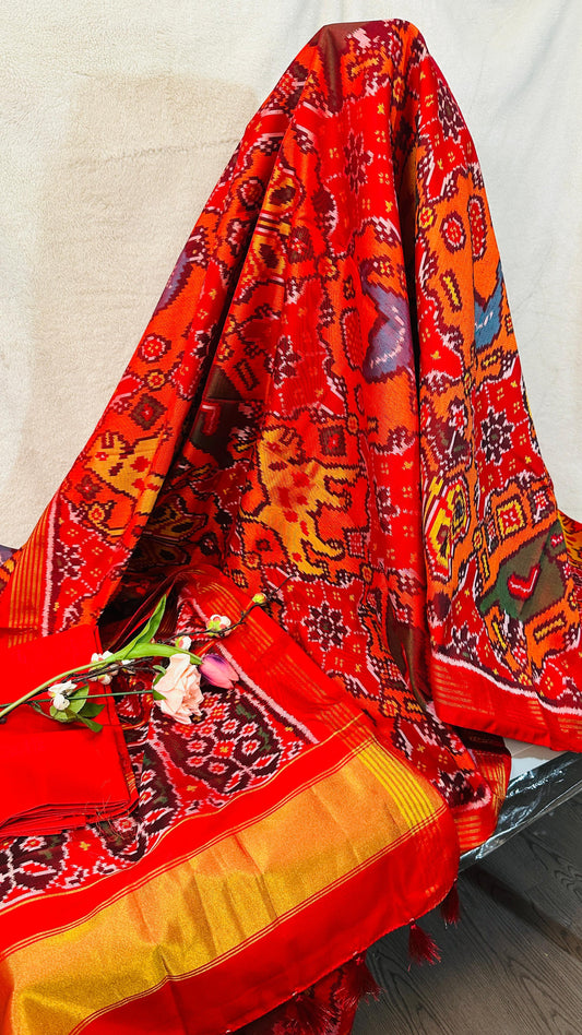 Red with Rangkat pure silk semi double Patan Patola Handloom Saree