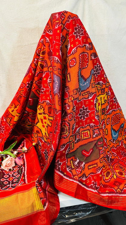 Red with Rangkat pure silk semi double Patan Patola Handloom Saree