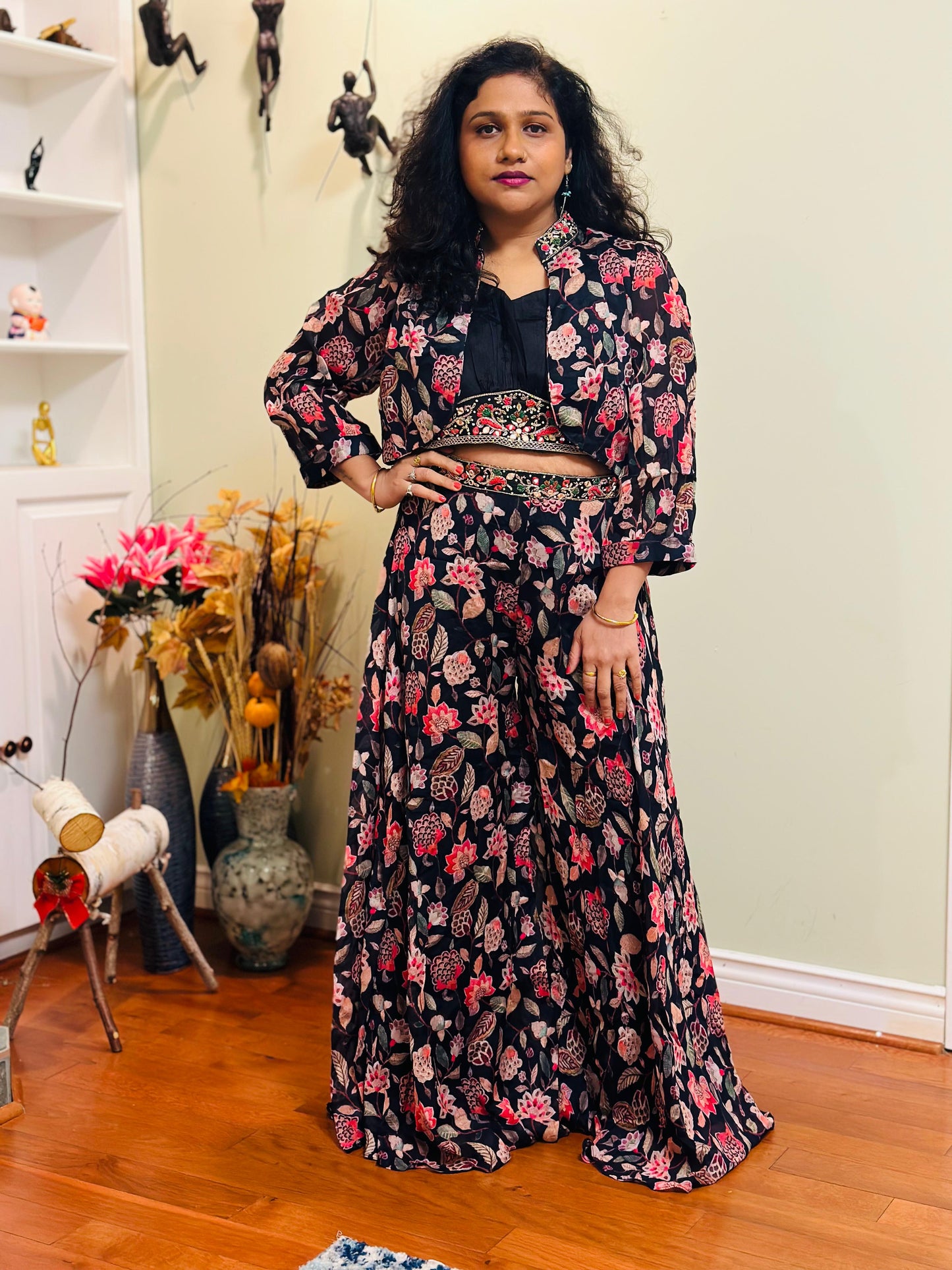 Black digital print pure CHINON silk Indowestern palazzo set highlighted with pearl, Cutdana & sequins handwork