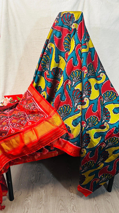 Turquoise blue with Swan design weave pure Mulberry silk semi double Patan Patola Handloom Saree