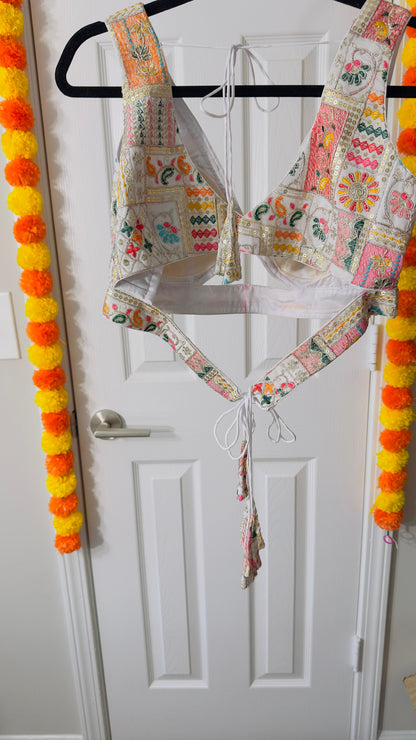 White Designer Multicoloured thread & sequins work blouse with Back adjustable Dori  ( can open till size 42 )