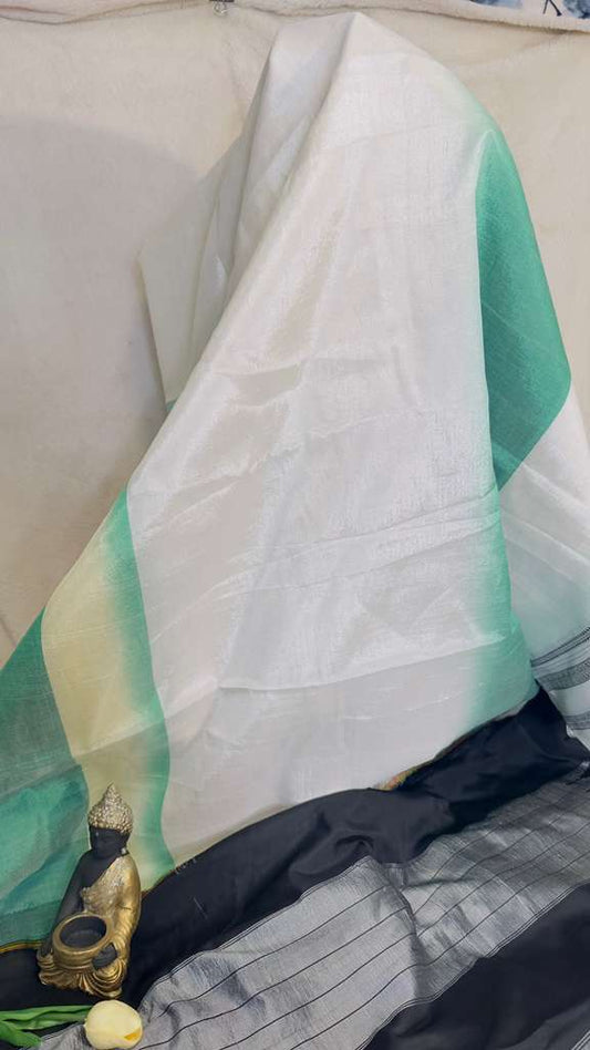 White with teal green with Grey / Black border pure SICO Ilkal Handloom Saree