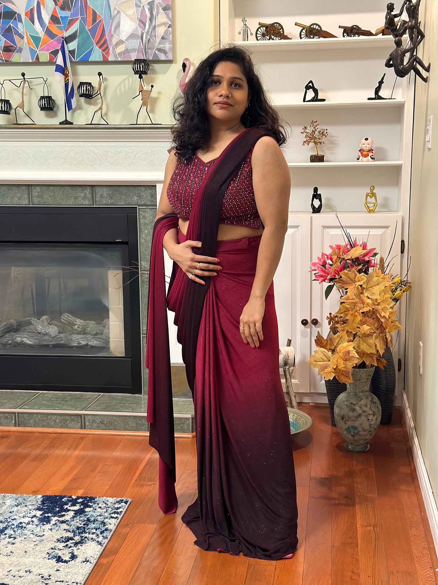 Wine Designer Predraped saree in pure Chiffon highlighted with white stone, Cutdana & pearl handwork