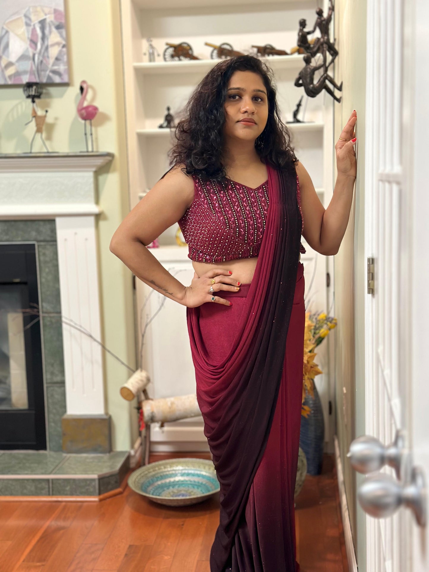 Wine Designer Predraped saree in pure Chiffon highlighted with white stone, Cutdana & pearl handwork