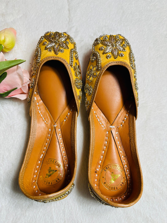 Yellow Premium designer pure leather Jutti with double cushion and highlighted with all handwork