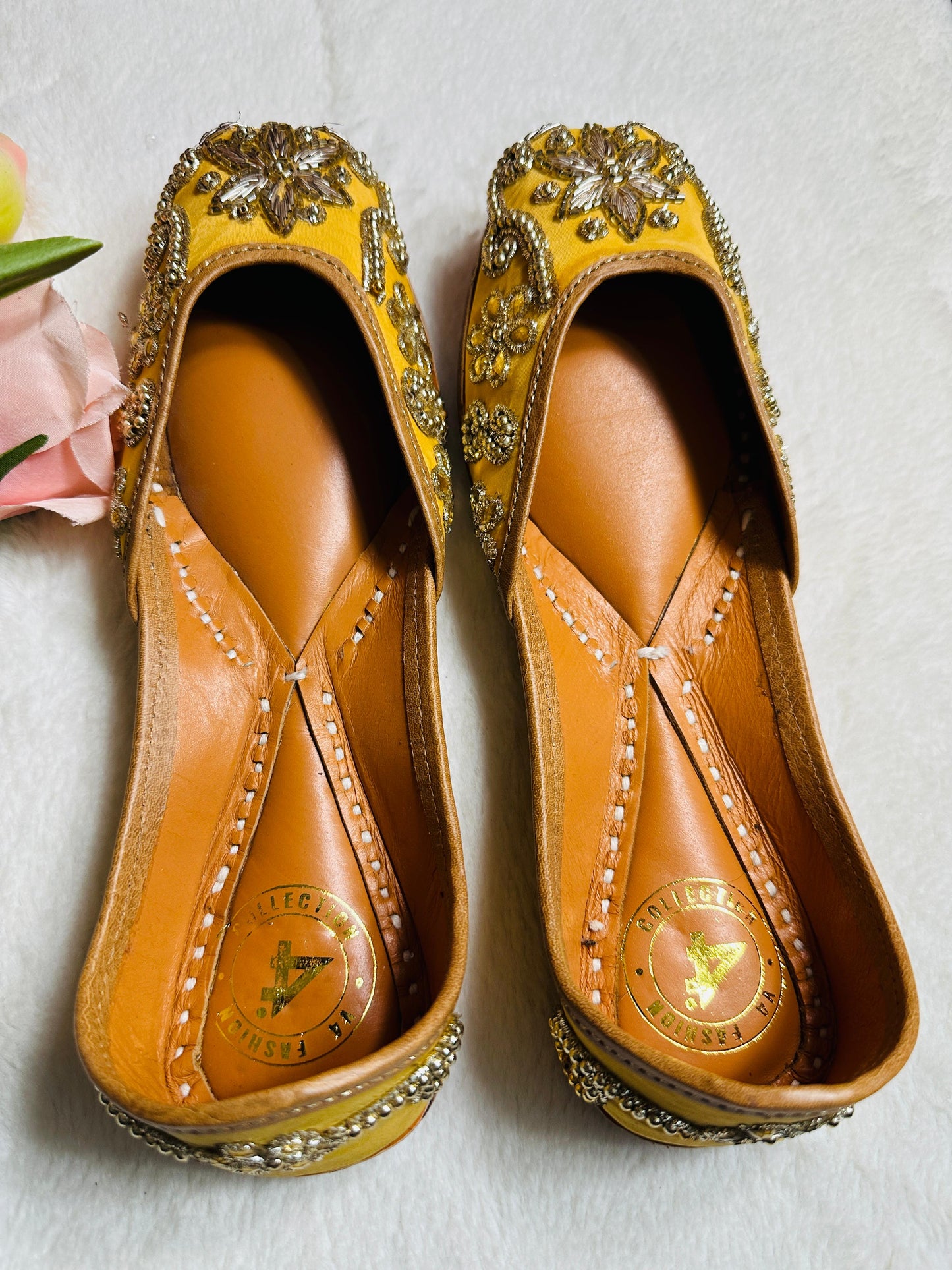 Yellow Premium designer pure leather Jutti with double cushion and highlighted with all handwork