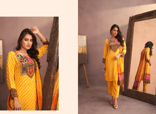 Yellow lehriya print crape silk suit highlighted with pearl, Cutdana & thread hand work