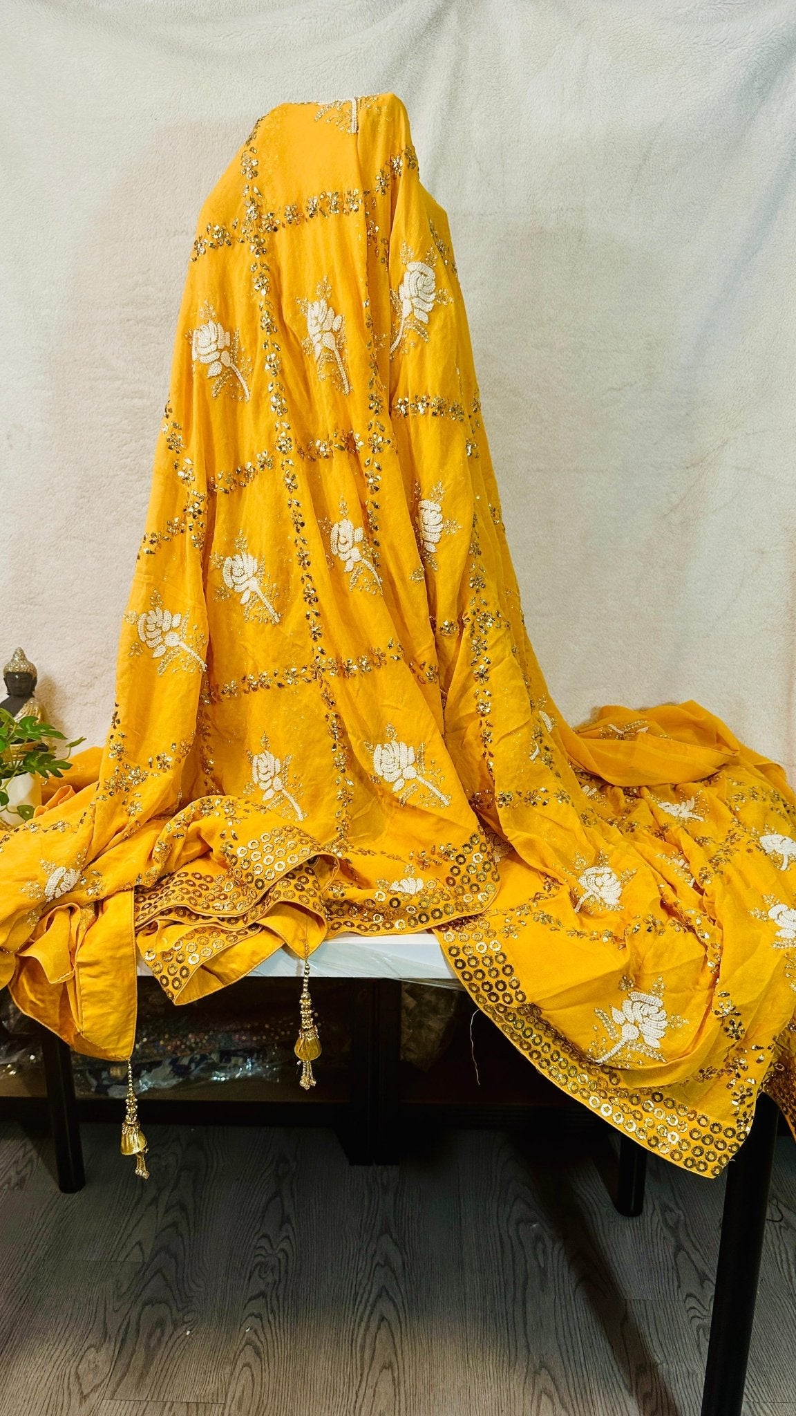 Alphanso mango Pure Georgette Chikankari saree with pearl & Pitta kamdani mukaish handwork - My Store