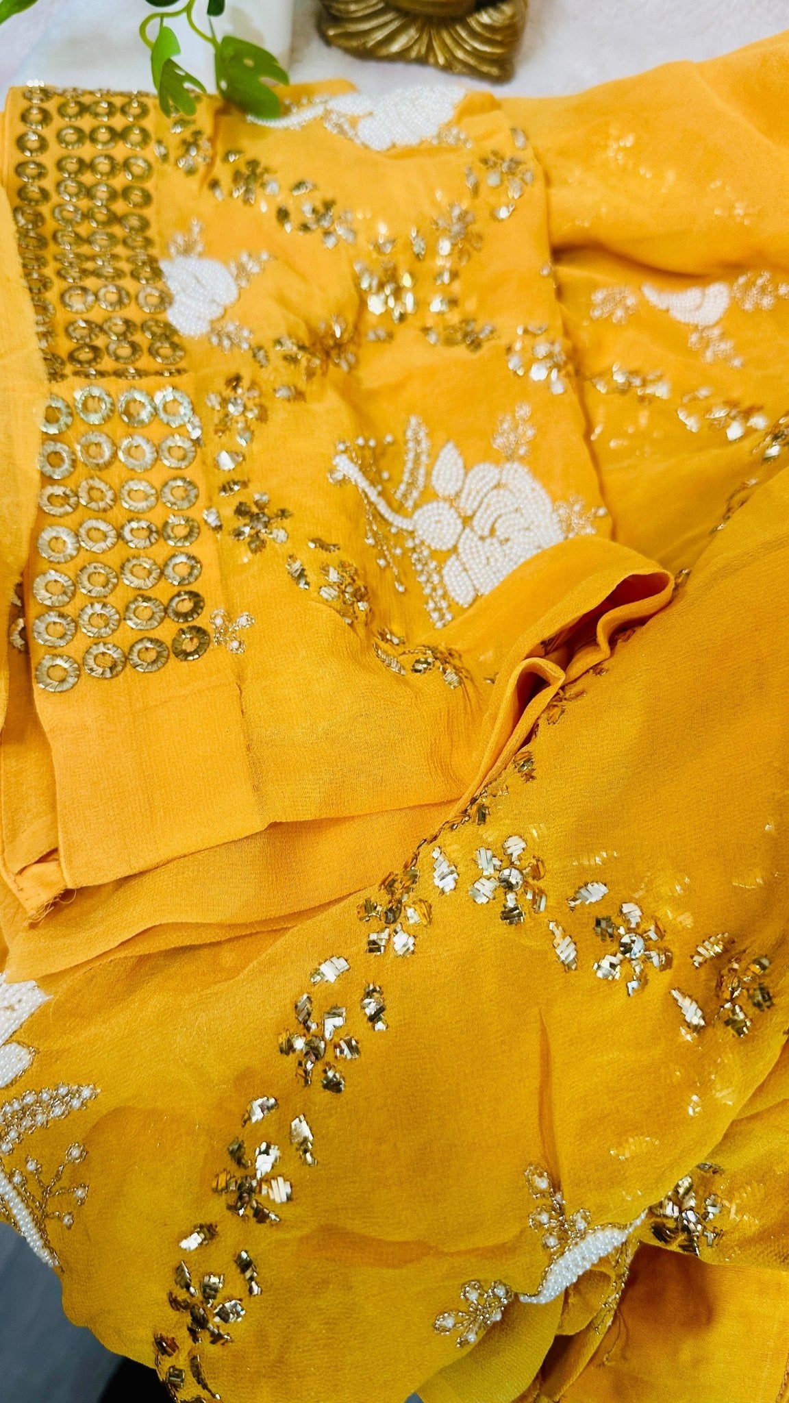 Alphanso mango Pure Georgette Chikankari saree with pearl & Pitta kamdani mukaish handwork - My Store