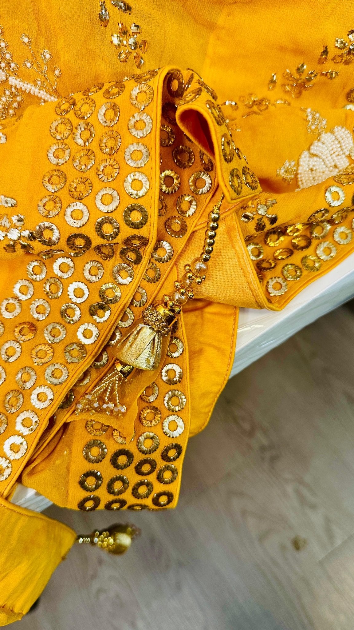 Alphanso mango Pure Georgette Chikankari saree with pearl & Pitta kamdani mukaish handwork - My Store