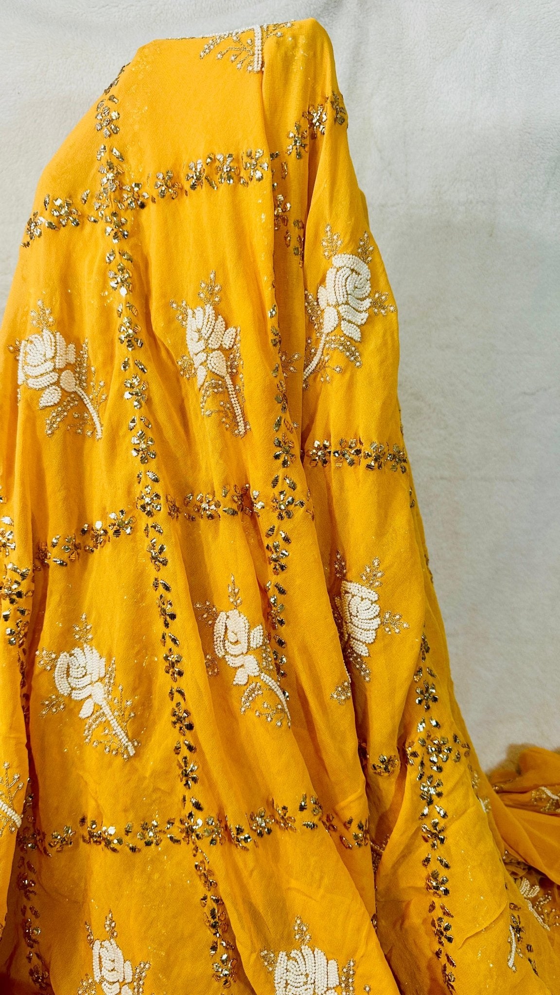 Alphanso mango Pure Georgette Chikankari saree with pearl & Pitta kamdani mukaish handwork - My Store
