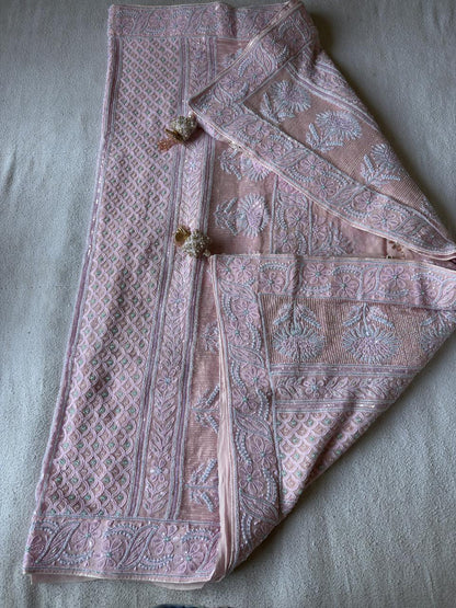 Baby Pink Pure Georgette Chikankari Saree with add on sequence, Pearl & Multicoloured Cutdana handwork - My Store