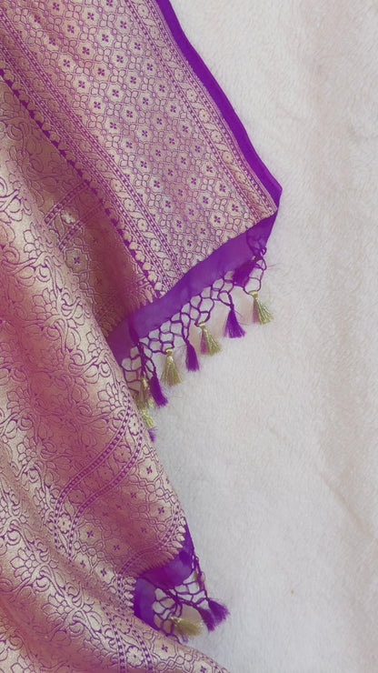 Baby pink Rangkat Pure Khaddi Georgette handloom Meenakari Banarasi saree with tested Gold zari weaving - My Store