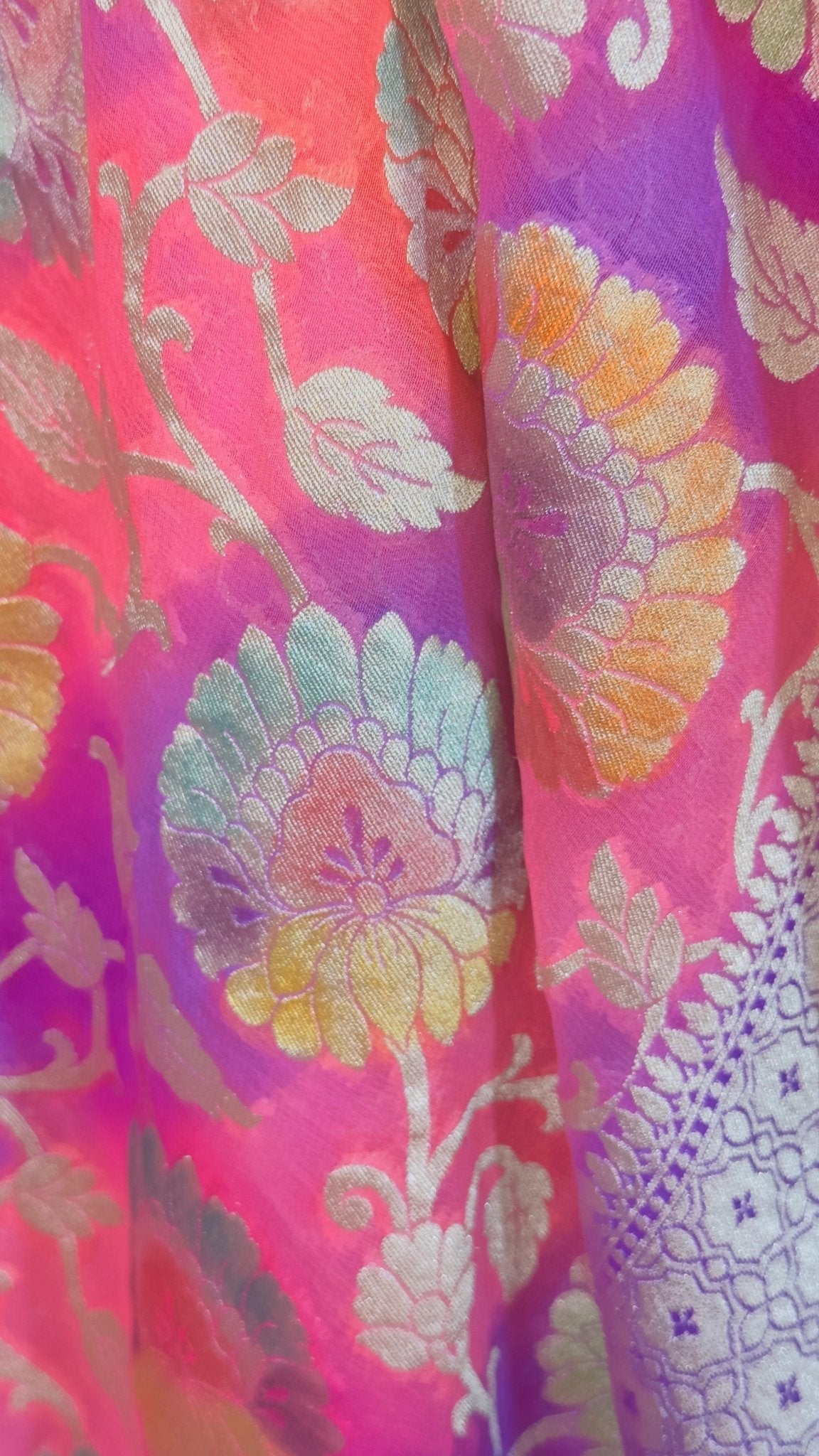 Baby pink Rangkat Pure Khaddi Georgette handloom Meenakari Banarasi saree with tested Gold zari weaving - My Store