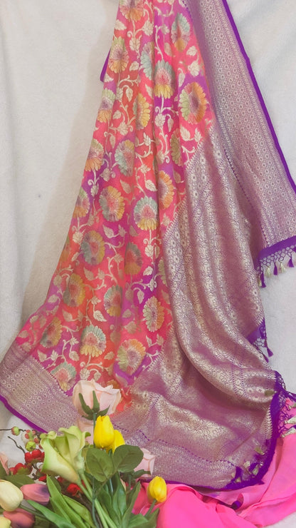 Baby pink Rangkat Pure Khaddi Georgette handloom Meenakari Banarasi saree with tested Gold zari weaving - My Store