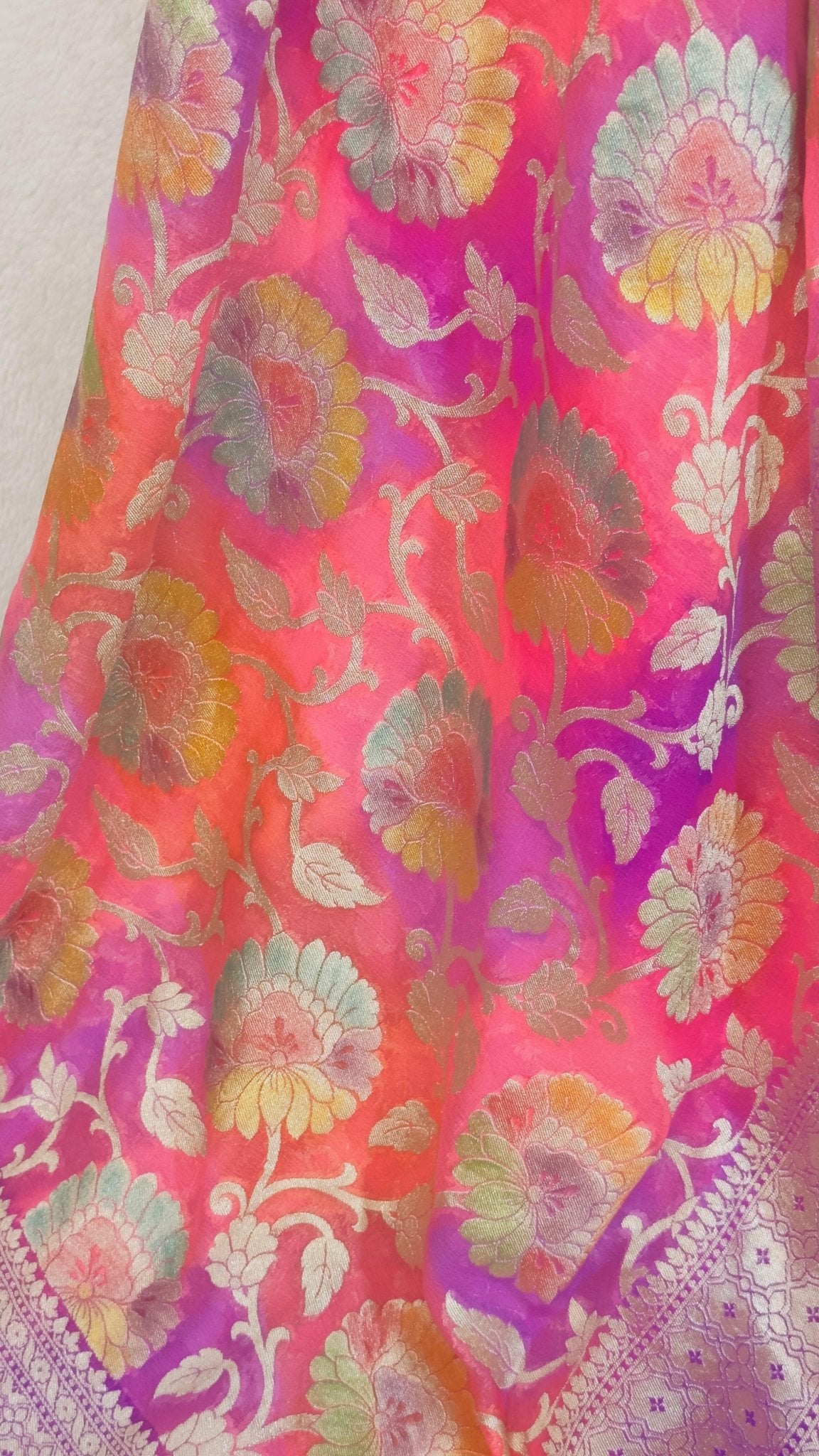 Baby pink Rangkat Pure Khaddi Georgette handloom Meenakari Banarasi saree with tested Gold zari weaving - My Store