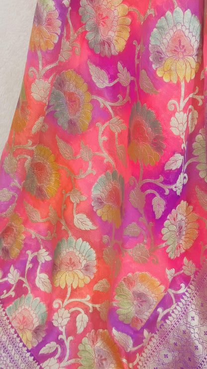 Baby pink Rangkat Pure Khaddi Georgette handloom Meenakari Banarasi saree with tested Gold zari weaving - My Store